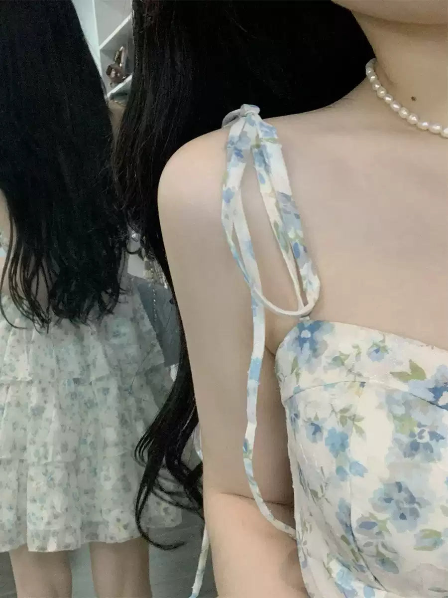 สีฟ้าลายดอกไม้แขวนเสื้อคลุมฤดูร้อน