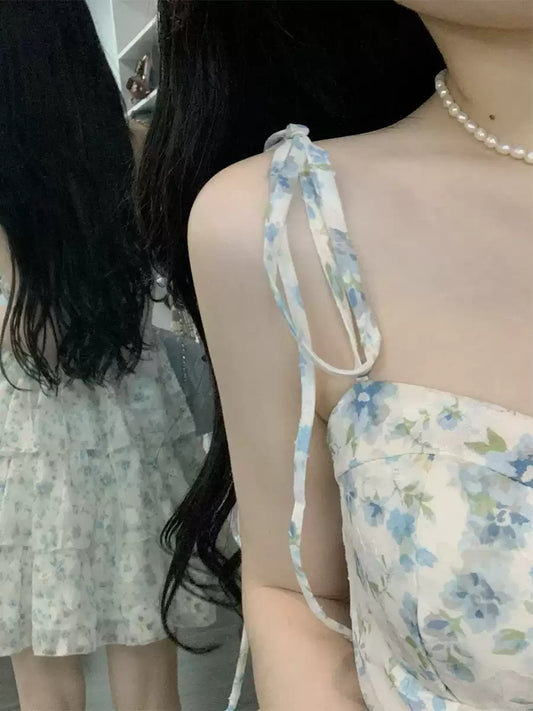 สีฟ้าลายดอกไม้แขวนเสื้อคลุมฤดูร้อน